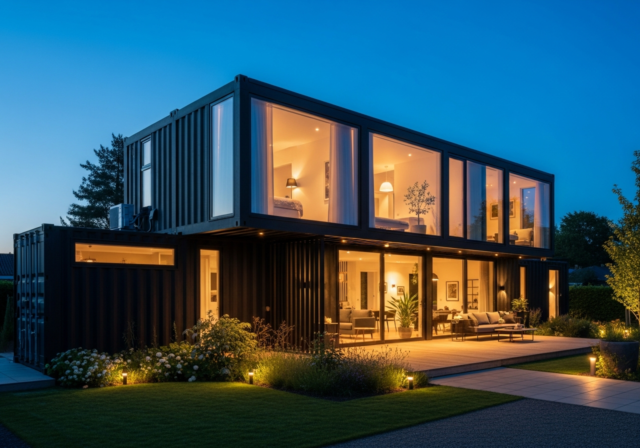 Modernes Container Haus in der Abenddämmerung mit warmem Licht