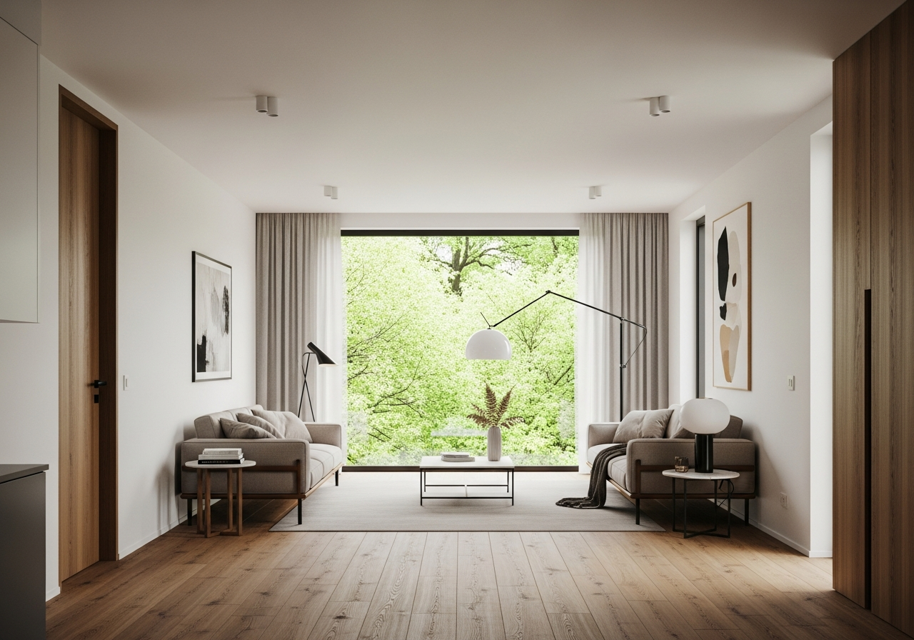 Helles, modernes Interieur eines Containerhauses mit Holzboden