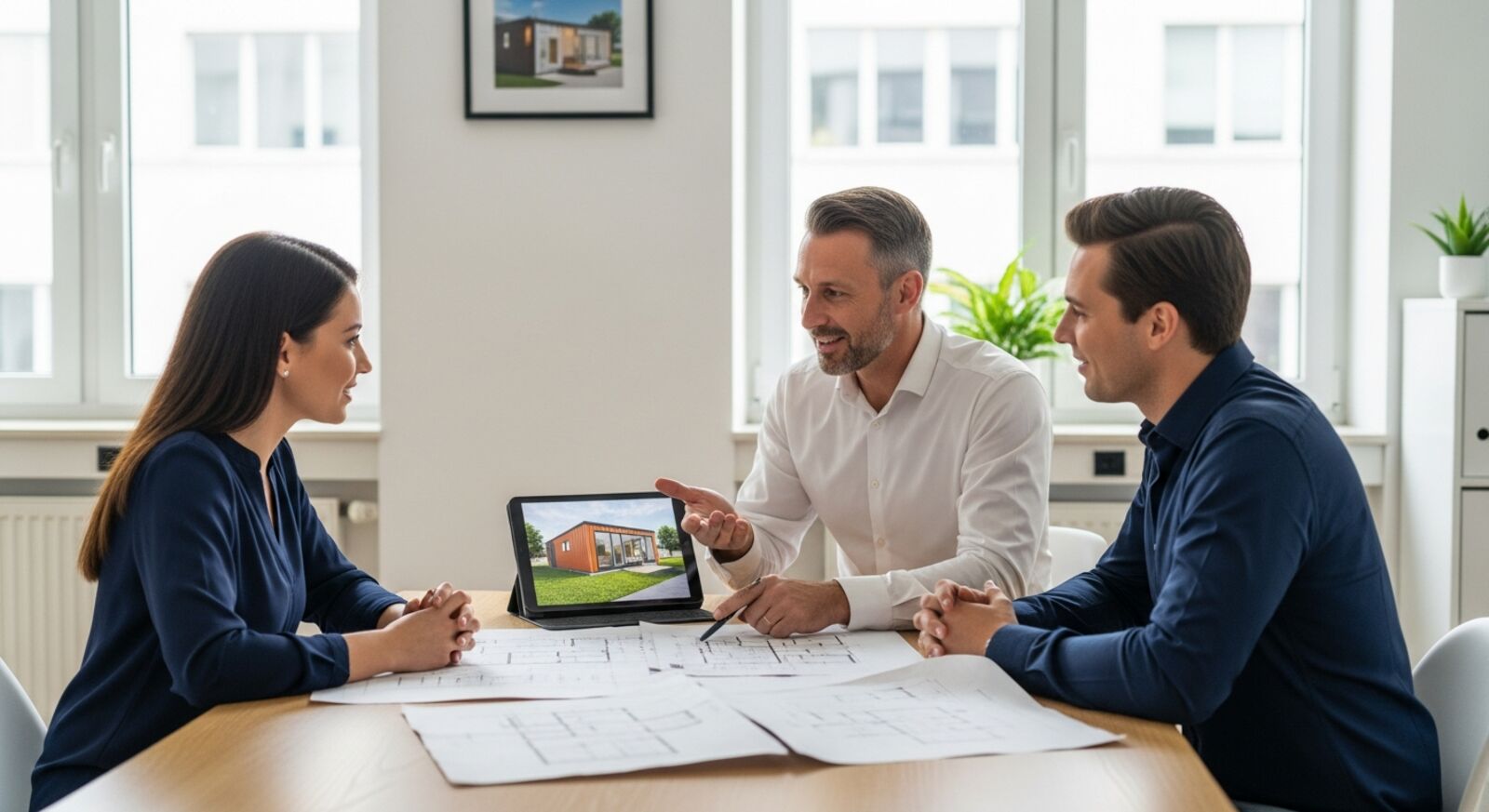Containerhaus Beratung durch Experten – Beratungsgespräch mit Bauplänen und Tablet