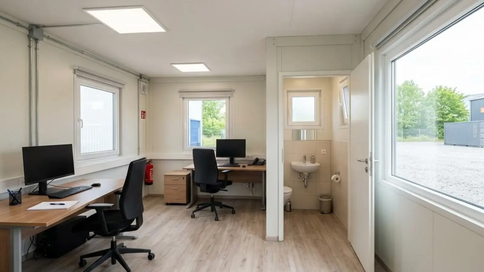 Bürocontainer mit WC von innen – heller Arbeitsplatz mit integriertem Sanitärraum