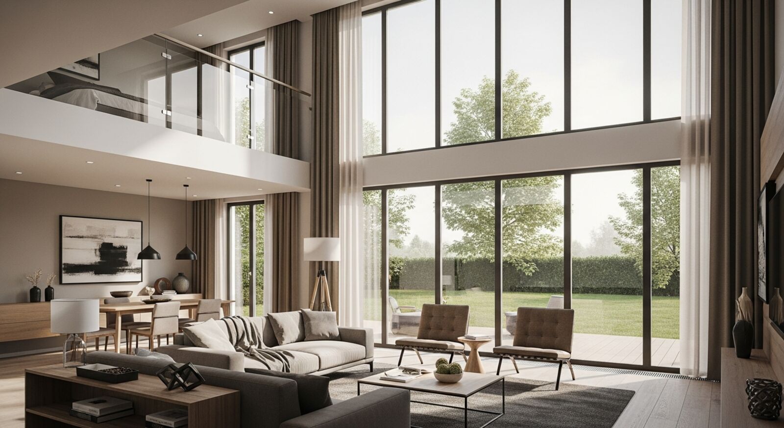 Containerhaus 100 qm von innen – offener Wohnbereich mit großer Fensterfront