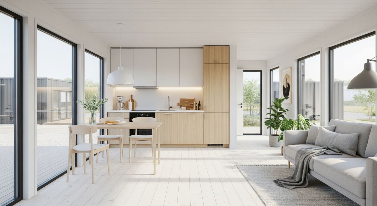 Containerhaus 40 qm von innen – offener Wohnbereich mit Küchenzeile und Essplatz Containerhaus 40 qm von innen – offener Wohnbereich mit Küchenzeile und Essplatz