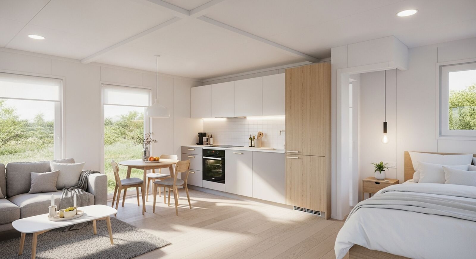 Containerhaus 50 qm von innen – offener Wohnbereich mit Küche und Essplatz