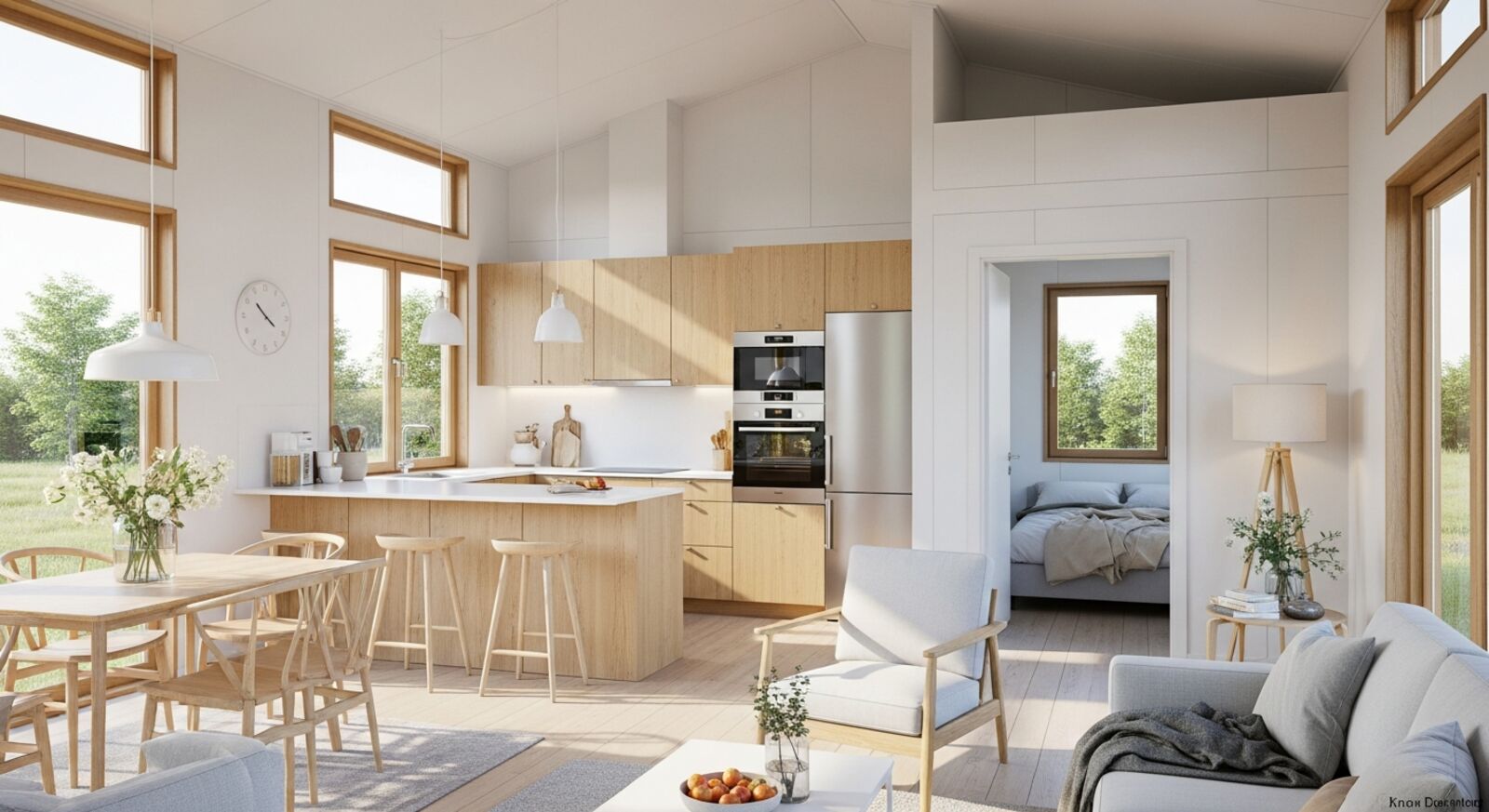 Containerhaus 70 qm von innen – großzügiges Wohnzimmer mit offener Küche
