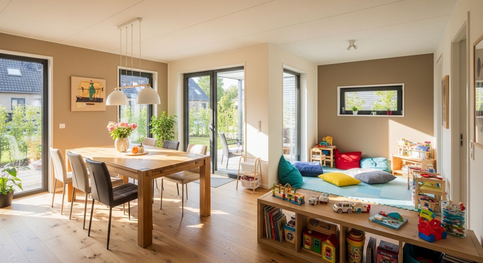 Containerhaus 80 qm von innen – heller Wohn-Essbereich mit großem Familientisch