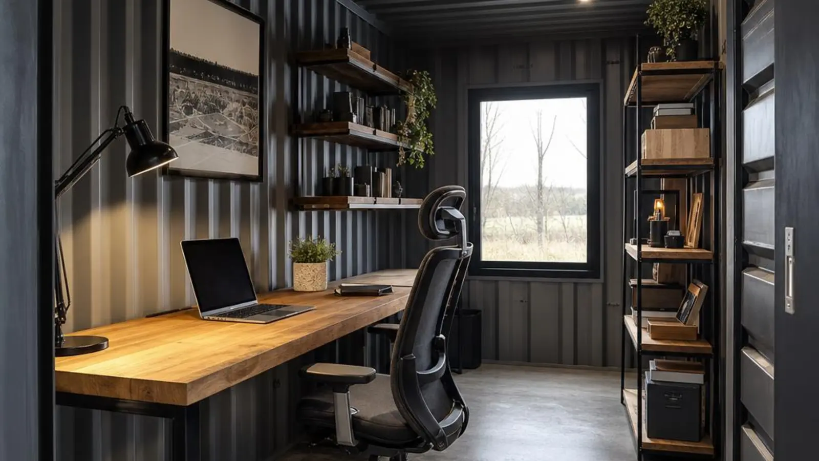 Containerhaus innen: Arbeitszimmer im Industrial-Stil mit sichtbarer Wellblechwand, Massivholz-Schreibtisch und Regal