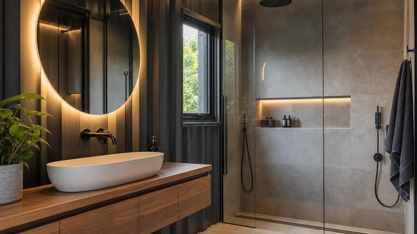 Containerhaus innen: modernes Badezimmer mit ebenerdiger Regendusche, Glasabtrennung und Waschtisch aus Holz