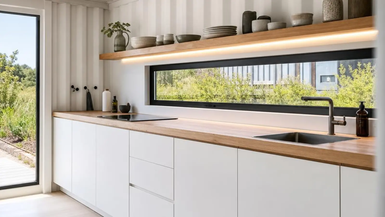 Containerhaus innen: minimalistische Küche mit weißen grifflosen Fronten, Arbeitsplatte aus Eiche und langem Fensterband