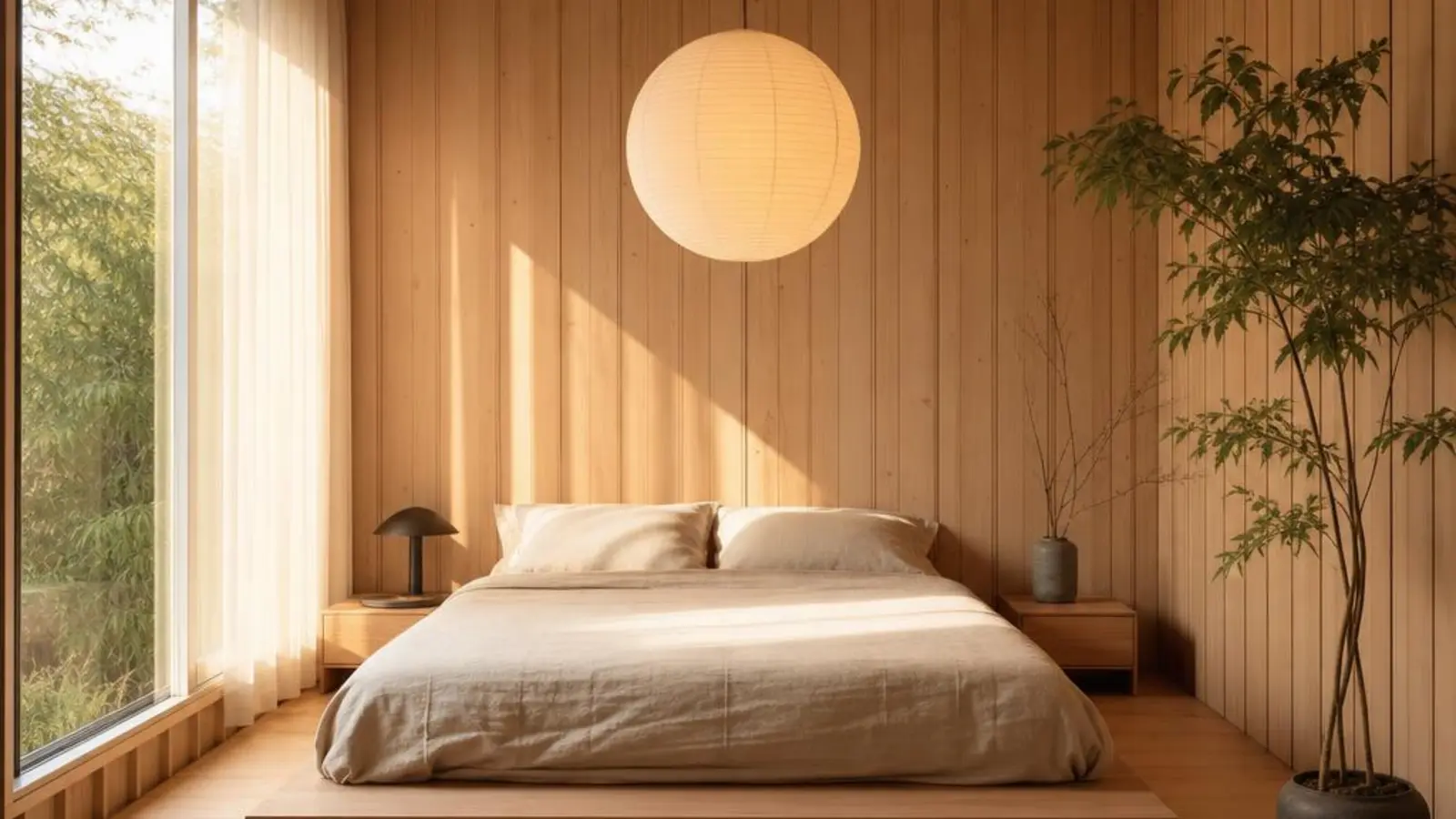 Containerhaus innen: ruhiges Schlafzimmer im Japandi-Stil mit niedrigem Bett, heller Holzverkleidung und Leinenbettwäsche