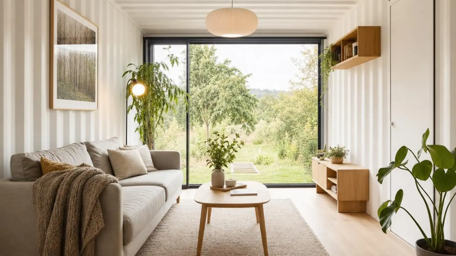 Containerhaus innen: helles Wohnzimmer im skandinavischen Stil mit Eichenboden, grauem Sofa und bodentiefer Fensterfront