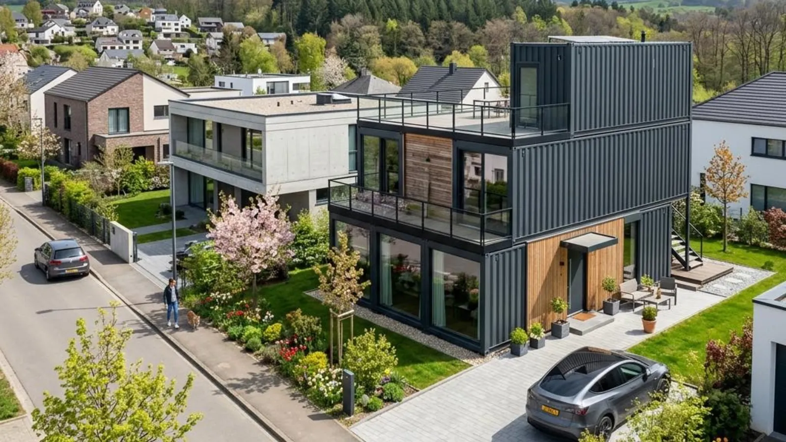 Modulares Containerhaus in einem modernen luxemburgischen Wohngebiet mit gepflasterter Einfahrt