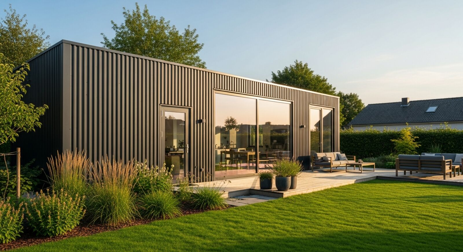 Modernes Containerhaus mit anthrazitfarbener Fassade, Glasfront und gepflegtem Garten Modernes Containerhaus mit anthrazitfarbener Fassade, Glasfront und gepflegtem Garten
