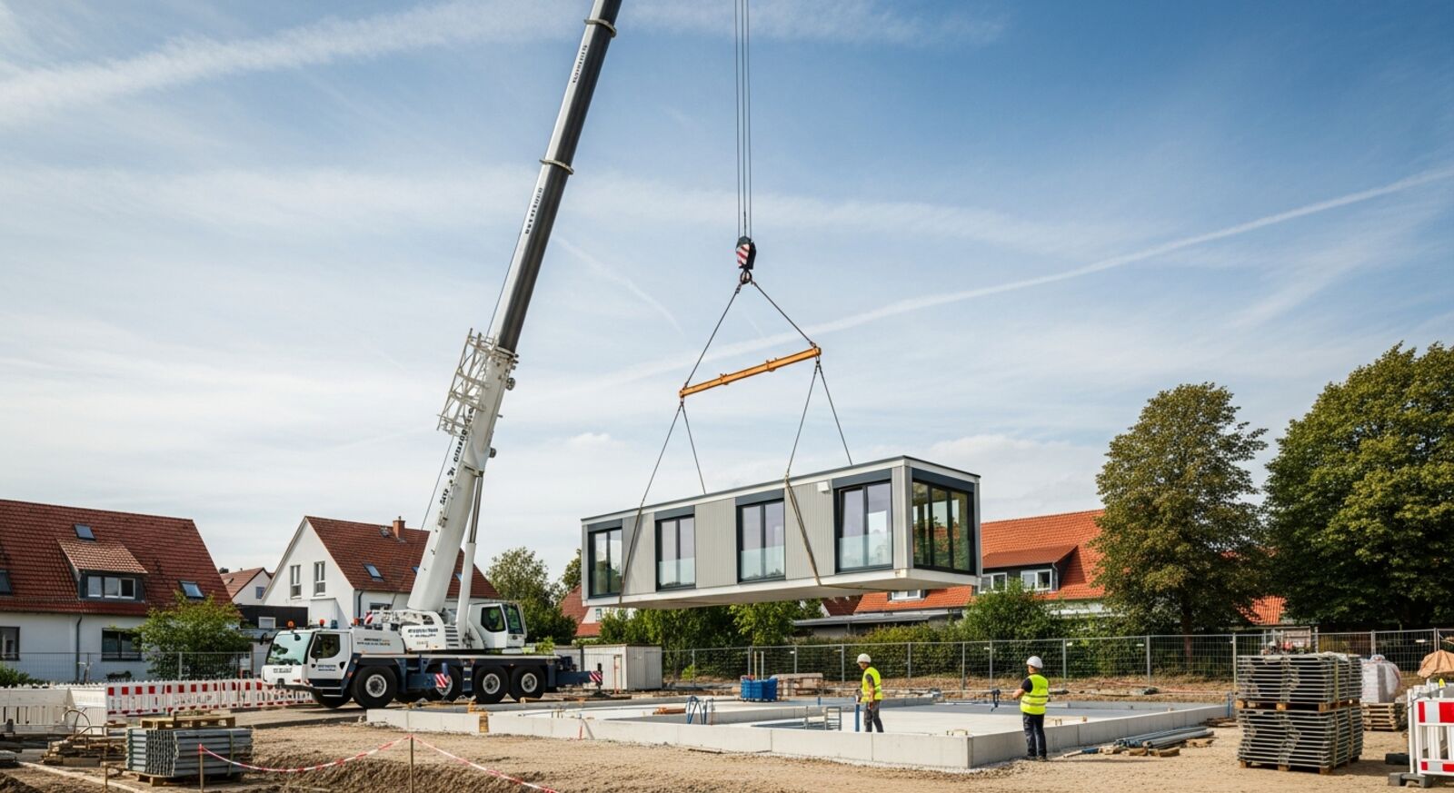 Kran hebt ein Wohnmodul auf das Fundament – Montage eines Containerhauses