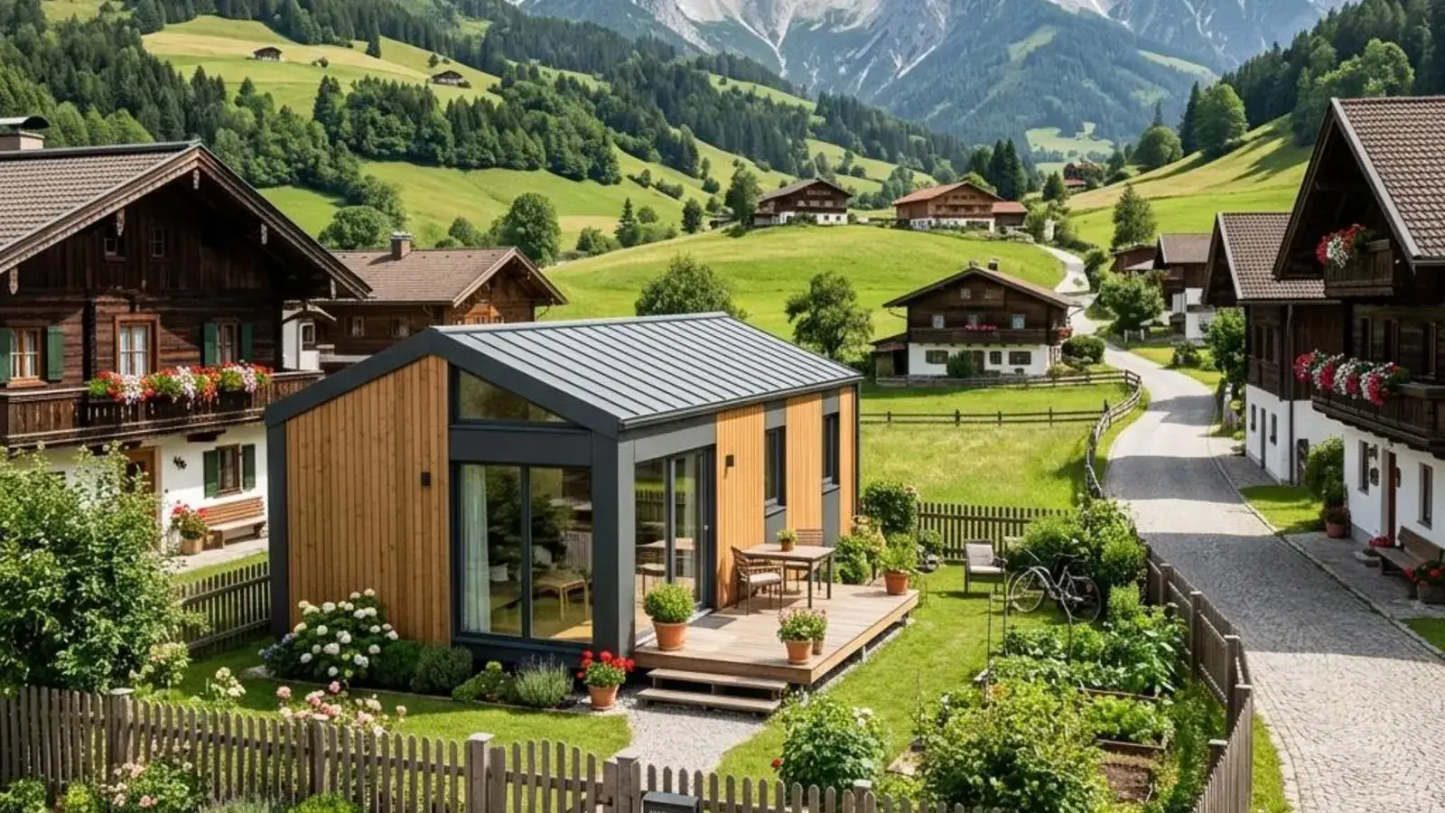 Kompaktes Containerhaus in einer österreichischen Dorflage mit grünen Hügeln im Hintergrund
