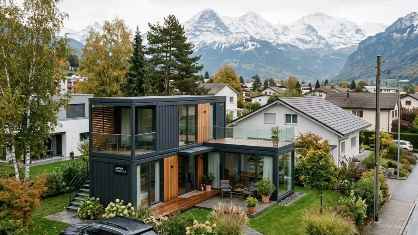 Modernes Zwei-Modul-Containerhaus in einem Schweizer Wohnquartier mit Bergkette am Horizont