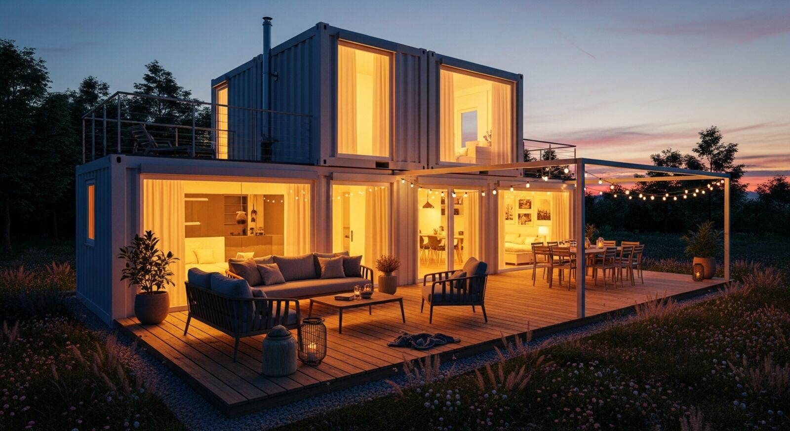 Containerhaus mit Holzterrasse in warmer Abendstimmung und beleuchteten Fenstern
