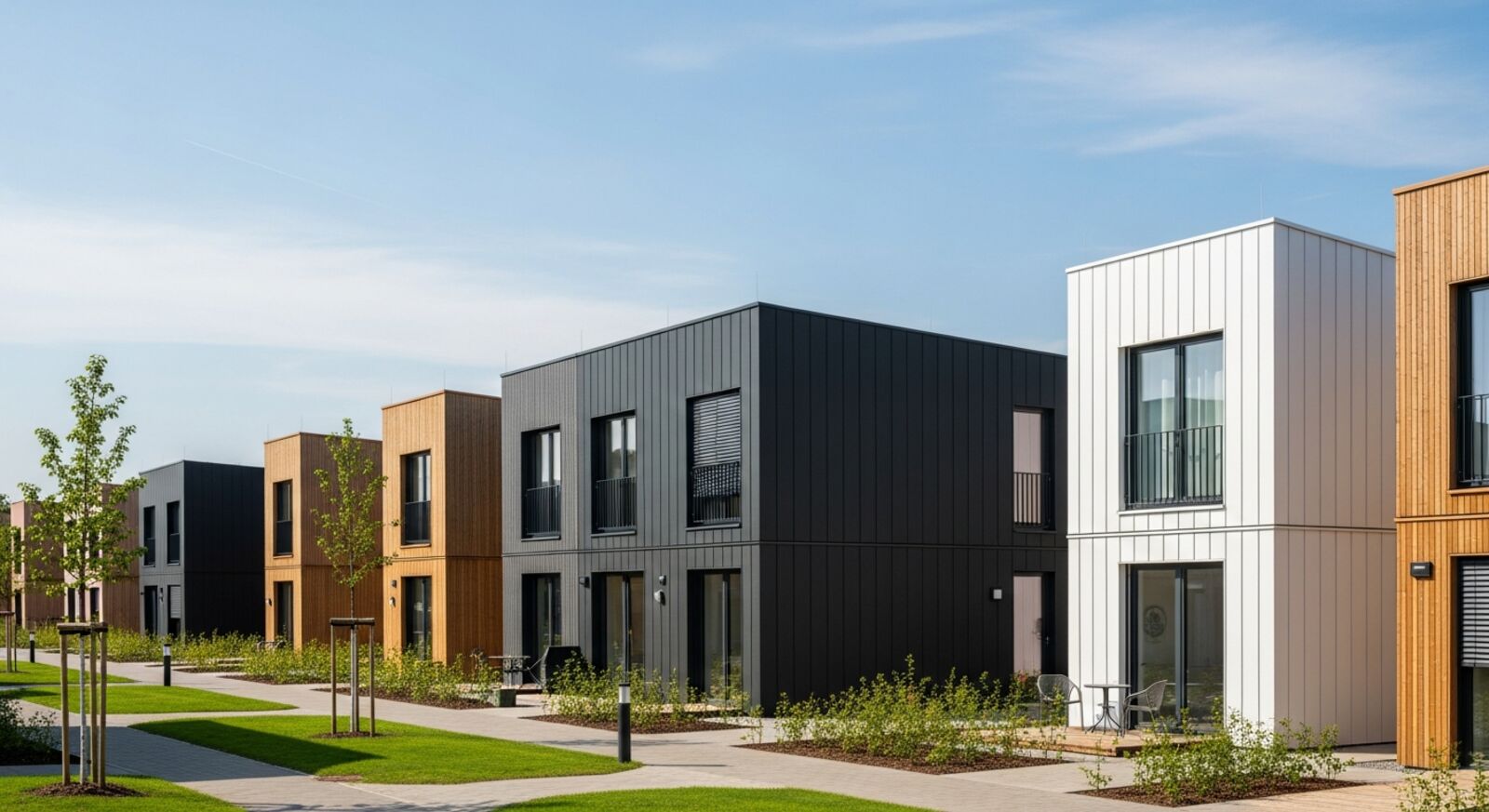 Containerhaus Anbieter im Vergleich – verschiedene moderne Containerhäuser in einer Siedlung
