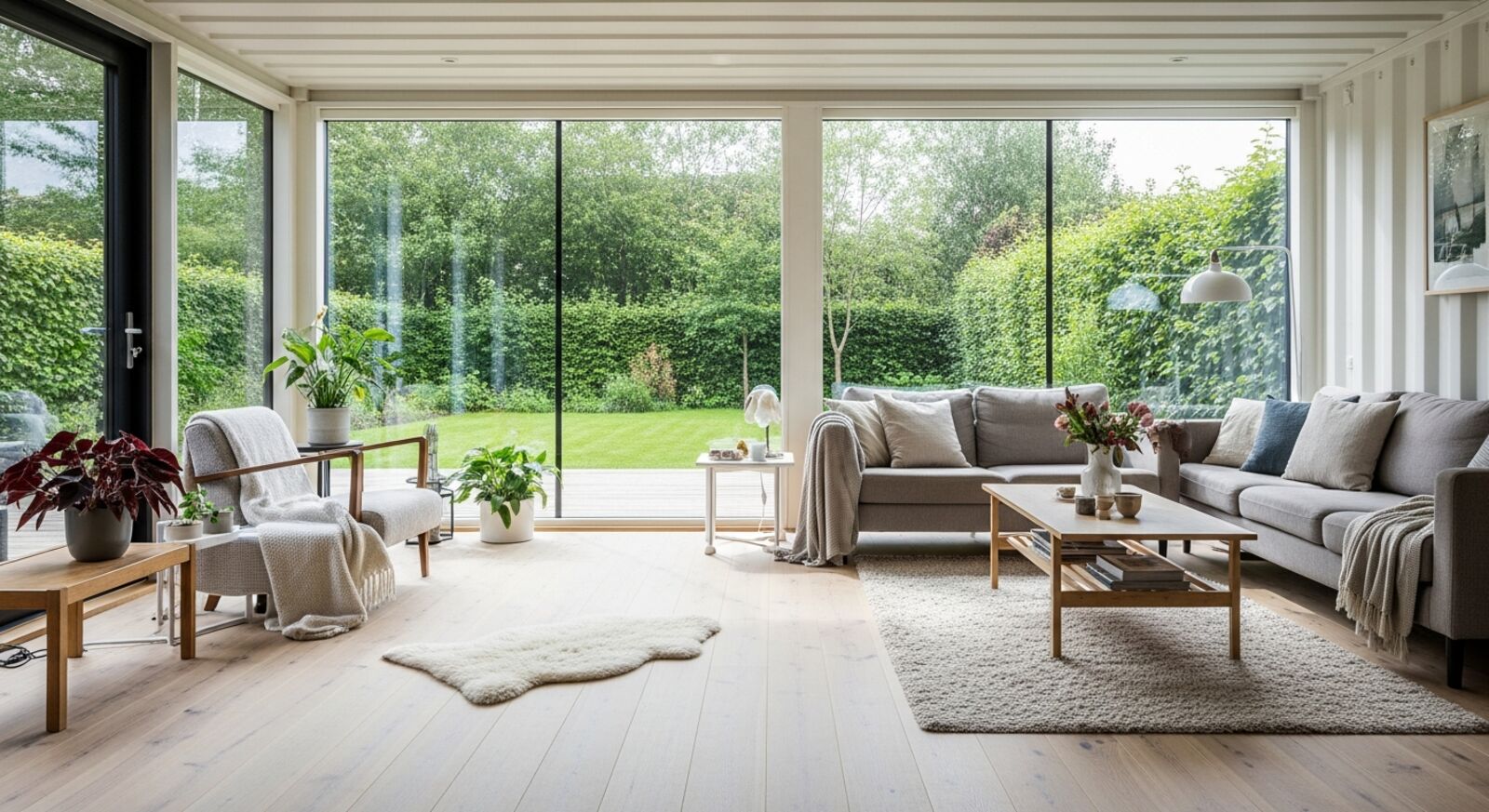 Helles Wohnzimmer in einem Containerhaus mit bodentiefen Fenstern und Holzboden Helles Wohnzimmer in einem Containerhaus mit bodentiefen Fenstern und Holzboden