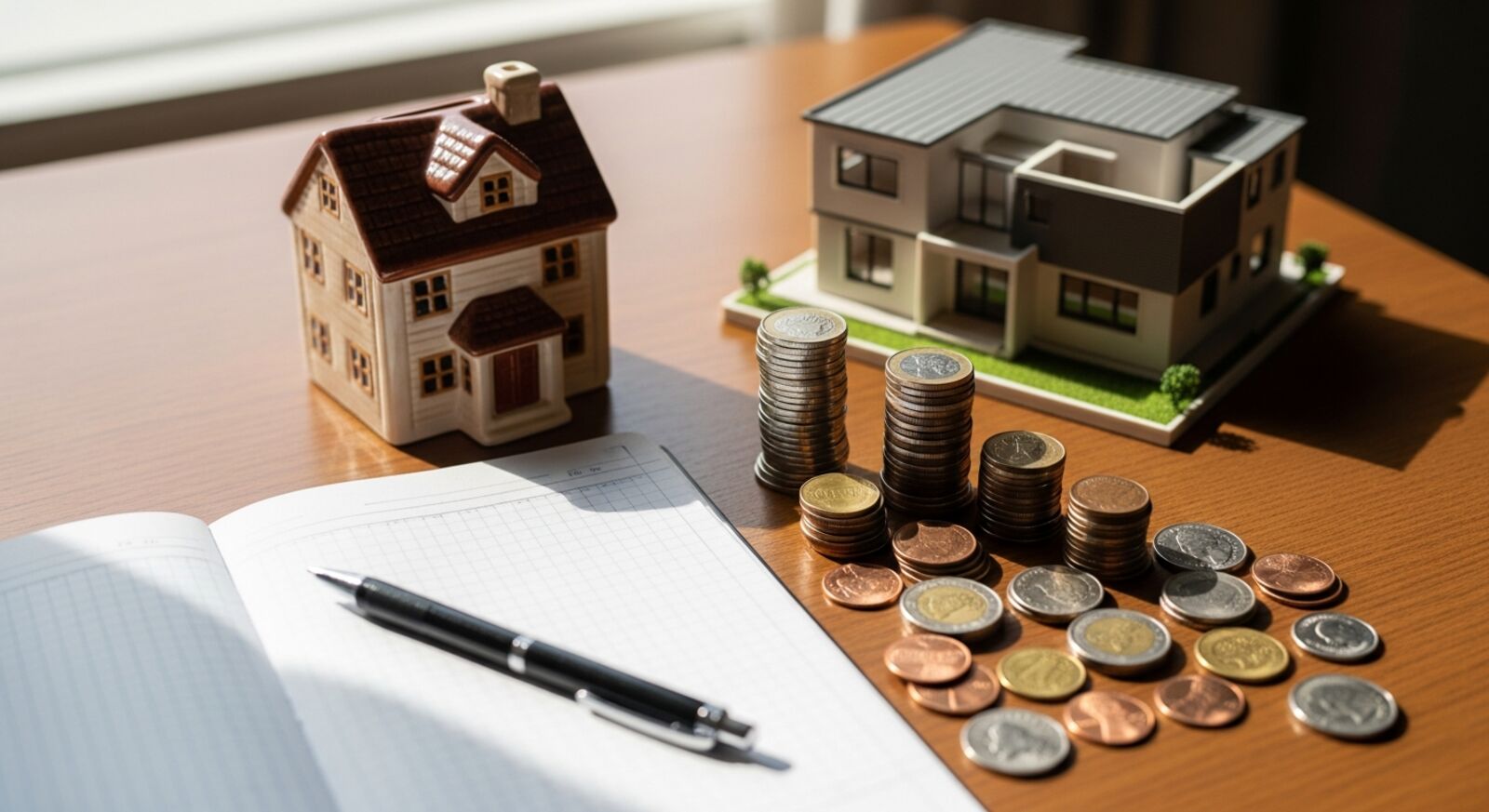 Sparschwein, Hausmodell und Münzen – Budgetplanung für die Containerhaus-Finanzierung