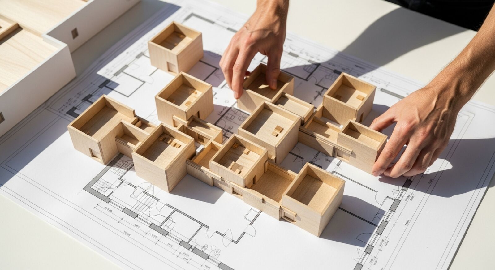 Wohnmodule im Grundriss-Konfigurator anordnen – Architekturmodell auf Grundrissplan