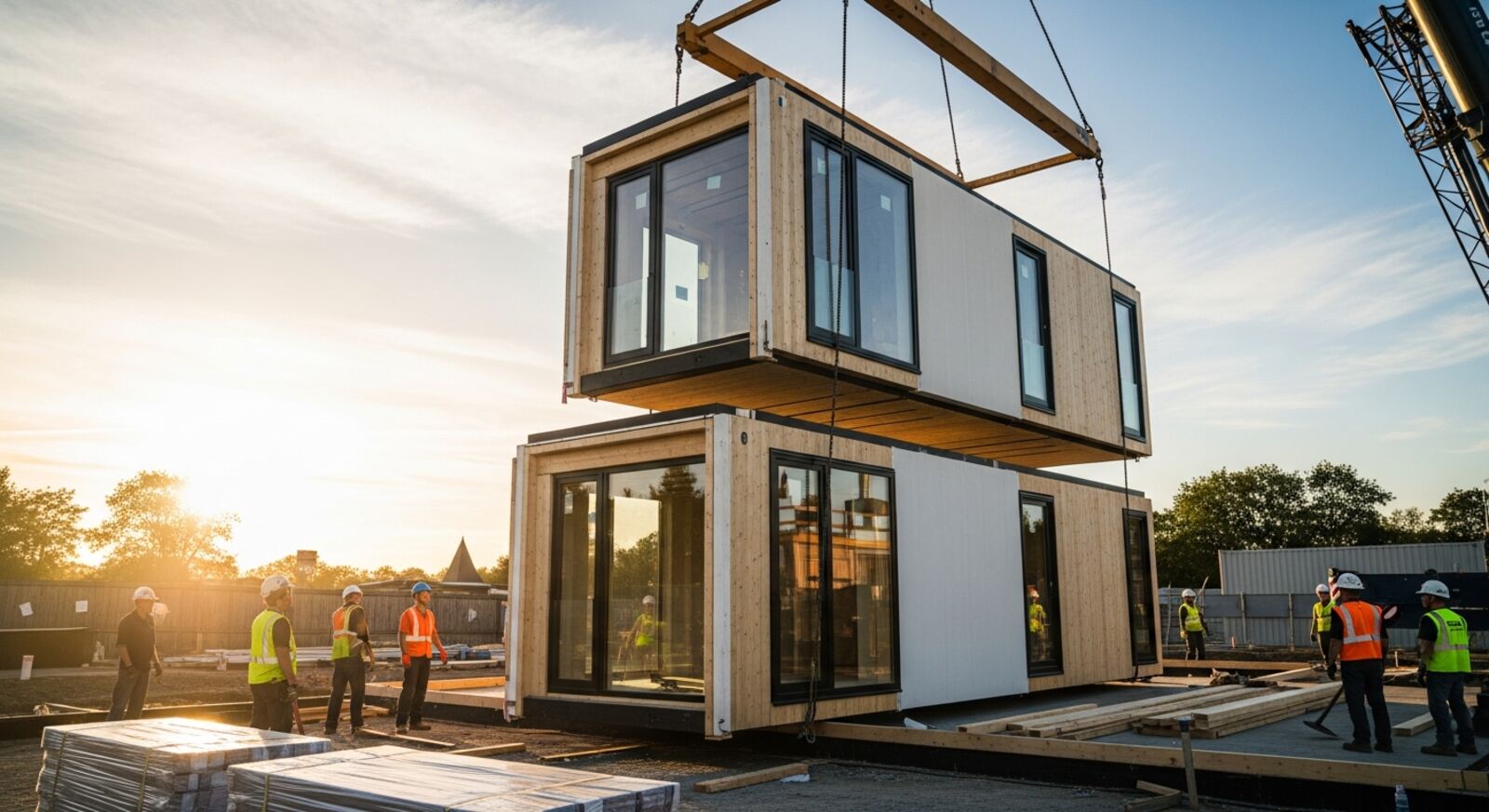Zwei Hausmodule werden auf der Baustelle präzise zusammengefügt – Modulbauweise