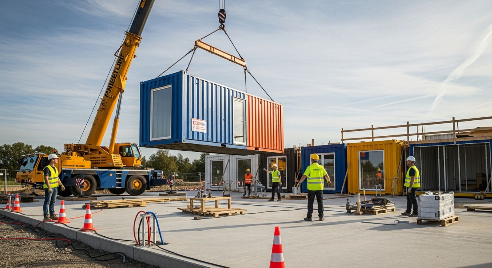 Containerhaus bauen – Baustelle mit vorbereitetem Fundament und Modulanlieferung