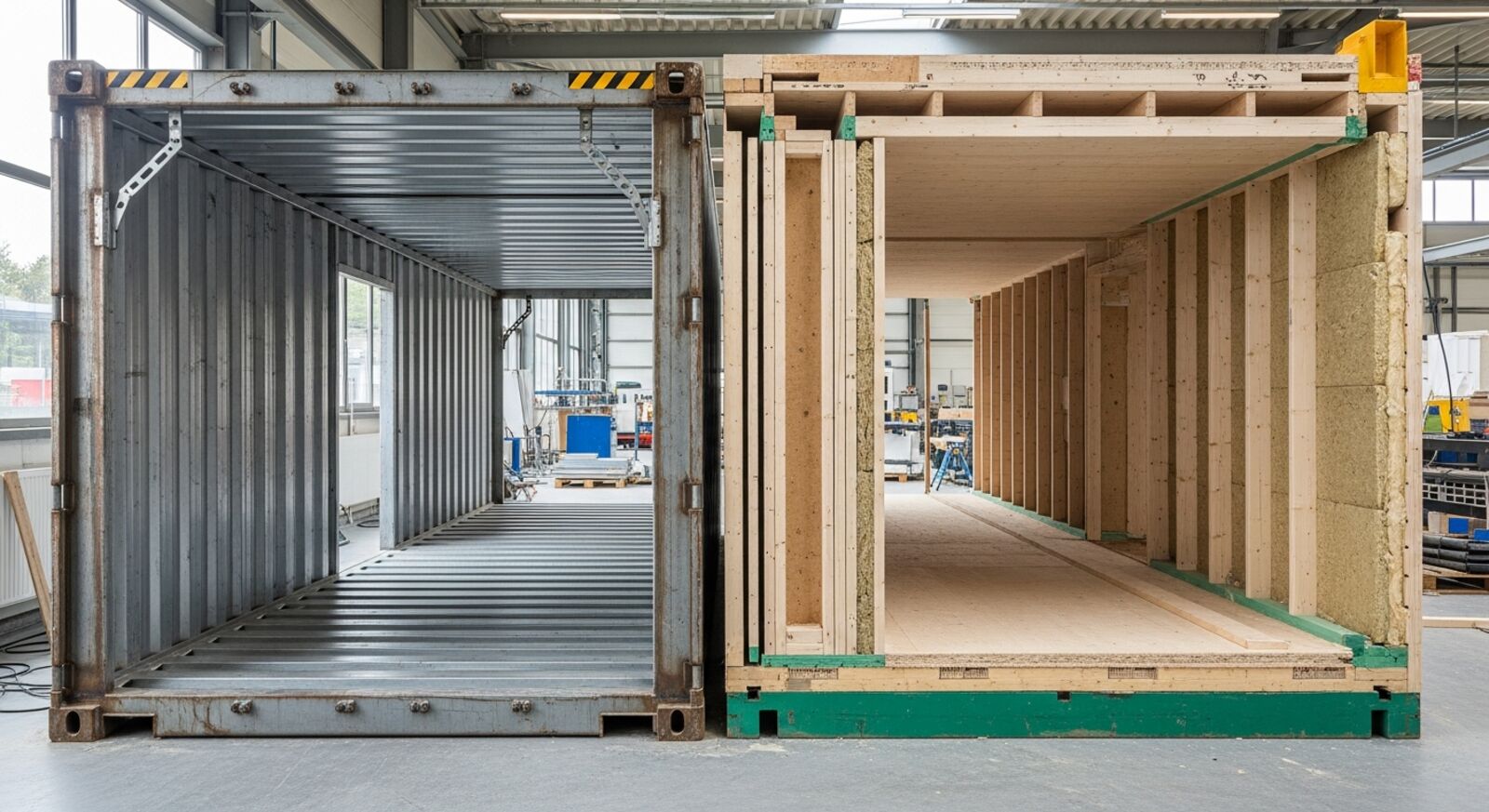 Containerhaus Bauweisen im Vergleich – Stahlrahmen und Holzmodul in der Fertigung