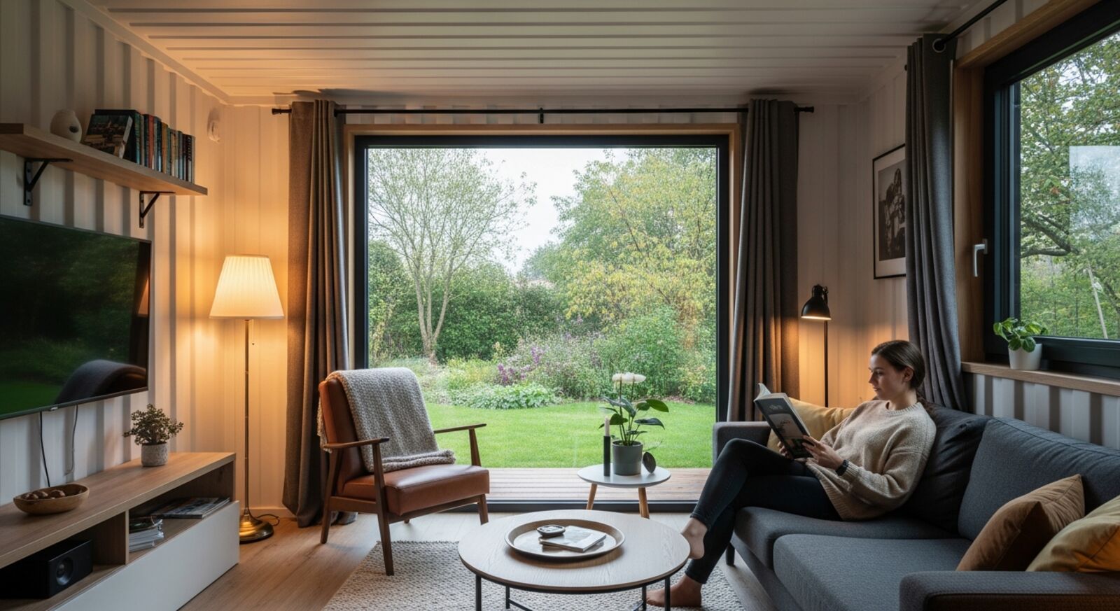 Wohnen im Containerhaus – gemütliche Leseecke am großen Fenster mit Gartenblick