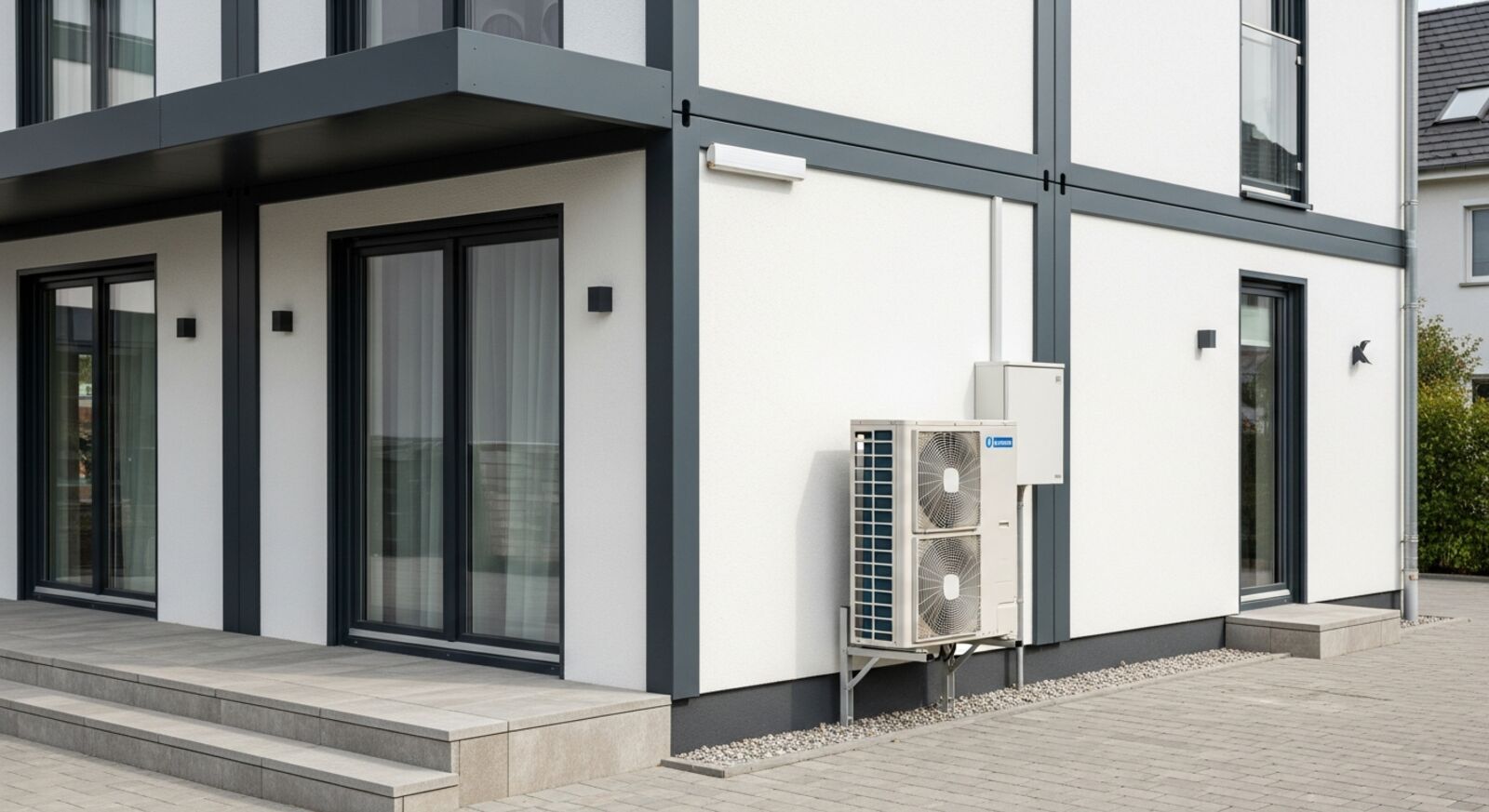 Haustechnik im Containerhaus – Wärmepumpe an moderner Modulhaus-Fassade