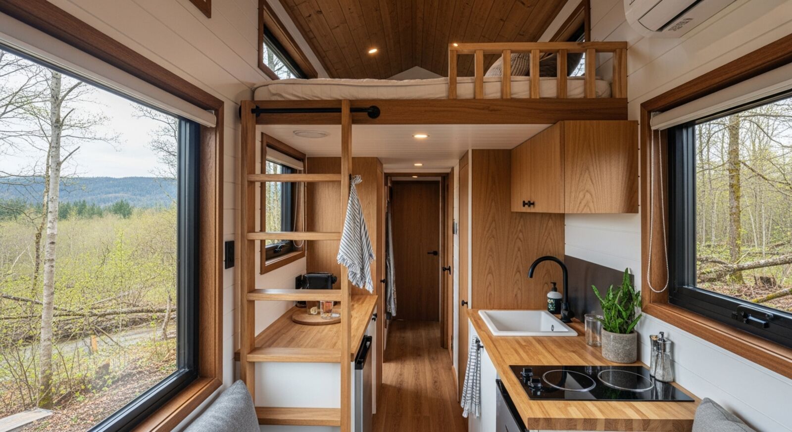 Gemütliches Tiny-House-Container-Interieur mit Schlafloft und Küchenzeile